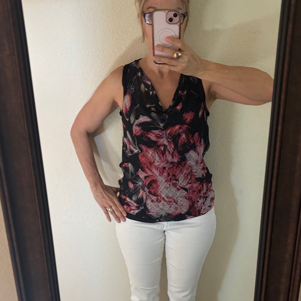 Theory Black silk Floral Cowl Neck Camisole with Pink Accents